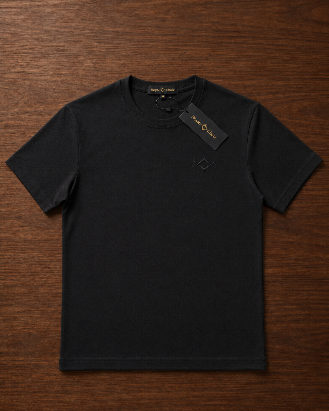 Black Silent Luxury T-shirt on wooden table [color:black]