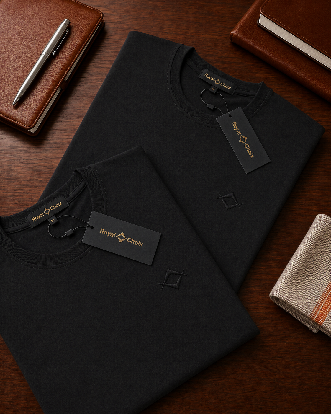 Black Silent Luxury T-shirt on wooden table [color:black]